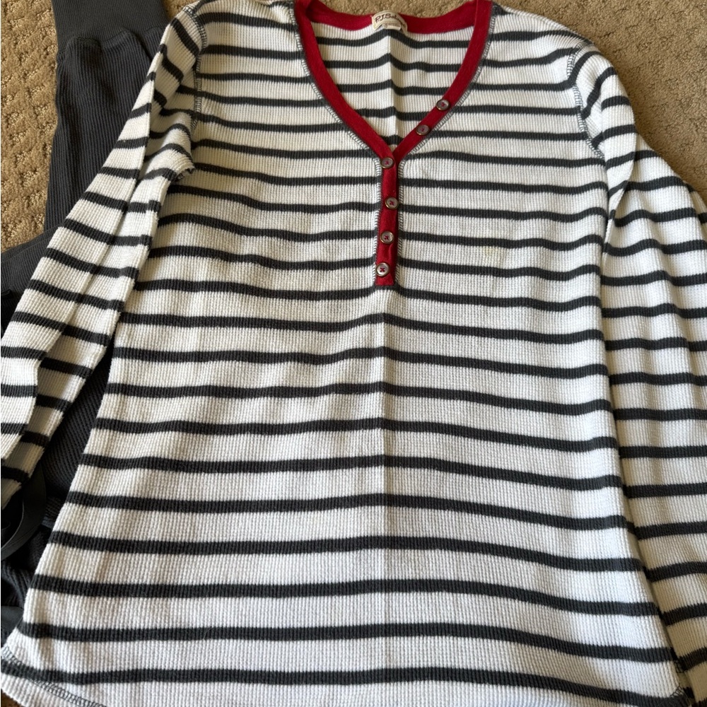 P.J. Salvage Striped Henley Top - Black and White with Red Accents
